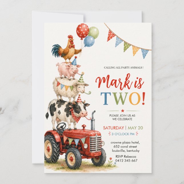 Tractor & Party Animals Kindergeburtstag Einladung (Vorderseite)
