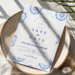 Traditional Blue White Delft Wedding Save The Date<br><div class="desc">An elegant blue and white chinoiserie design inspired by classic Delft porcelain patterns. The intricate floral border surrounds a clean central panel, creating a refined and timeless look for sophisticated wedding celebrations. Delicate European toile-style artwork combined with crisp navy typography gives the design a heritage aesthetic reminiscent of fine porcelain...</div>