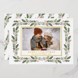 Traditional Christmas Holly Berries & Family Photo Folien Feiertagskarte