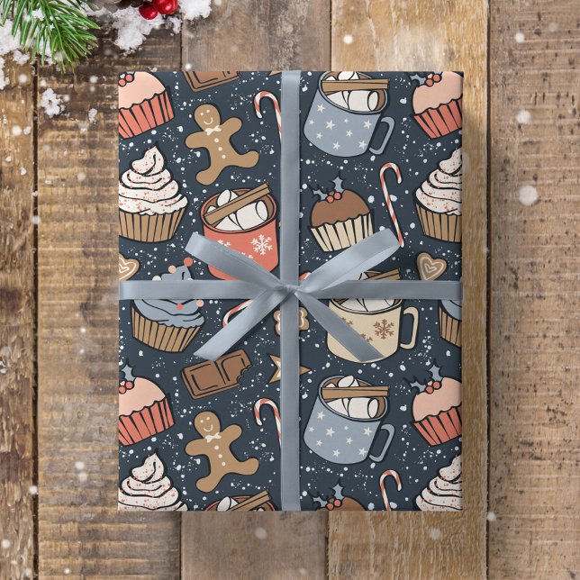 Traditional Christmas Vintage Hot Cocoa Dark Blue Geschenkpapier (Von Creator hochgeladen)