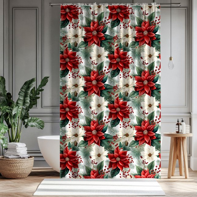 Traditional Curtain Red Poinsettia Holiday Look Duschvorhang (Traditional Curtain Red Poinsettia Holiday Look)