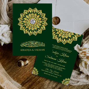 Traditional Green Gold Motif Islamic Wedding Einladung