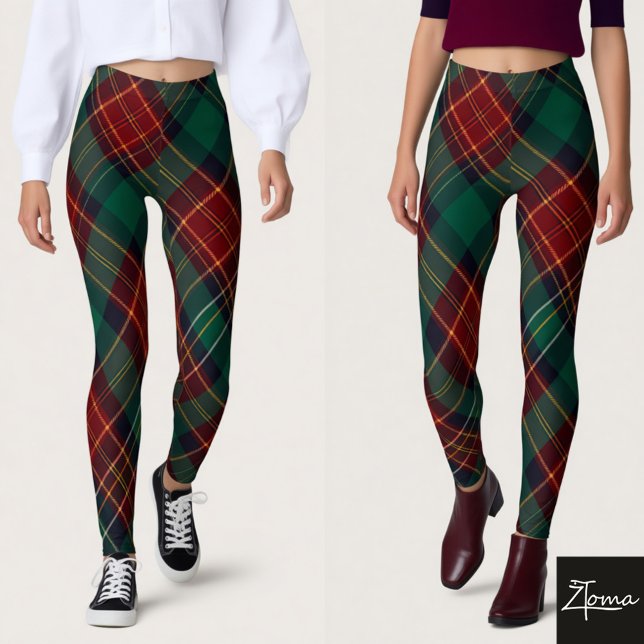 Traditional Green Red Diagonal Tartan Plaid Leggings (Von Creator hochgeladen)
