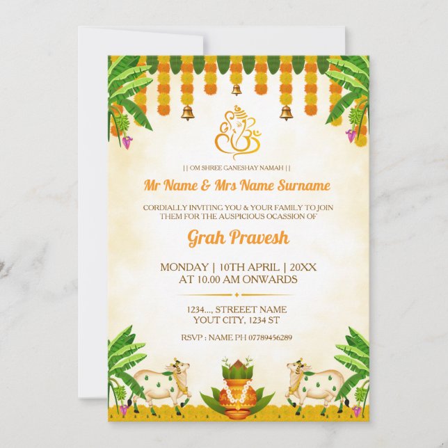 Traditional Indian Graha Pravesh Invitation Card Einladung (Vorderseite)