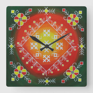 Traditional Latvian folk art with symbols painting Quadratische Wanduhr