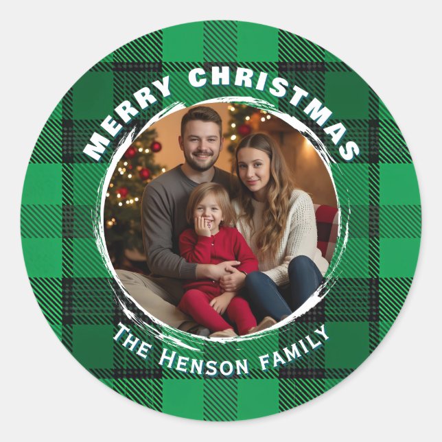 Traditional Personalized Family Photo Plaid  Runder Aufkleber (Vorderseite)
