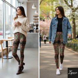 Traditional Plaid Tartan Burgundy Green Dark Leggings