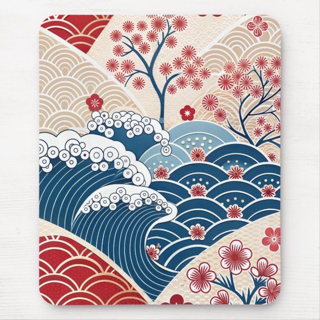 Traditional Red Blue Japanese Wave Sakura Pattern Mousepad (Vorne)