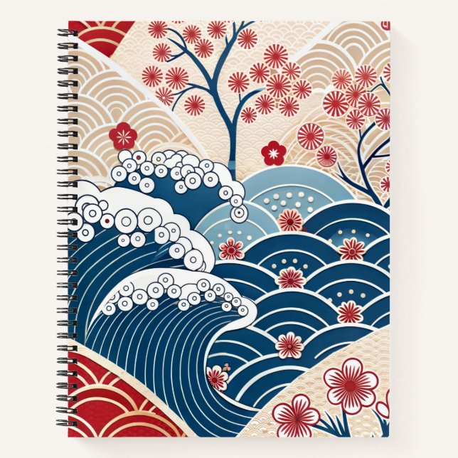 Traditional Red Blue Japanese Wave Sakura Pattern Notizbuch (Vorderseite)