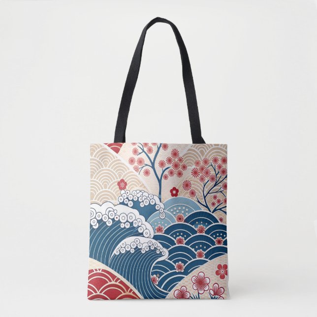 Traditional Red Blue Japanese Wave Sakura Pattern Tasche (Vorderseite)