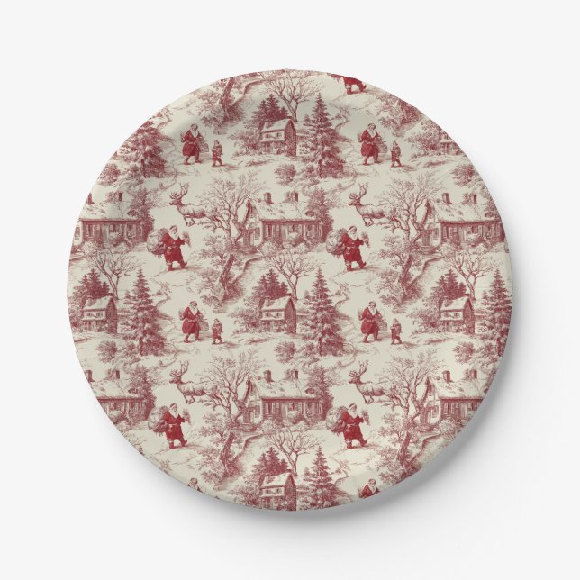 Traditional Santa Claus Red on Cream Toile De Jouy Pappteller (Vorderseite)