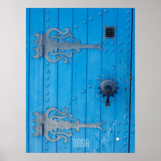 Traditionelle blaue Holztür in Tunesien Poster (Vorne)