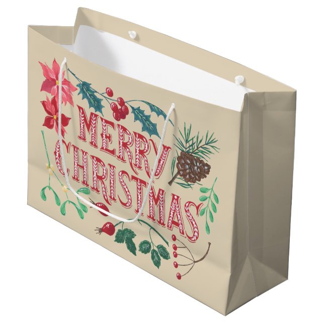 Traditionelle botanische Weihnachten (beige) Große Geschenktüte (Vorderseite Schrägansicht)