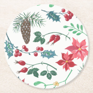 Traditionelle botanische Weihnachten (weiß) Runder Pappuntersetzer