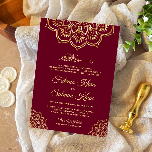 Traditionelle Burgundy Gold Motif Islamische Hochz Einladung (Von Creator hochgeladen)