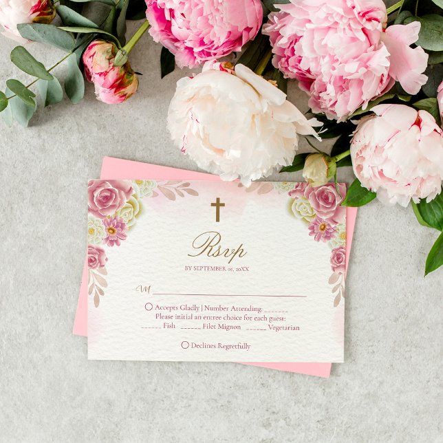 Traditionelle Christliche rosa blumenkatholische H RSVP Karte (Von Creator hochgeladen)