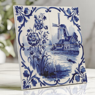 Traditionelle Delfter Windmühle und Blumenmuster Fliese