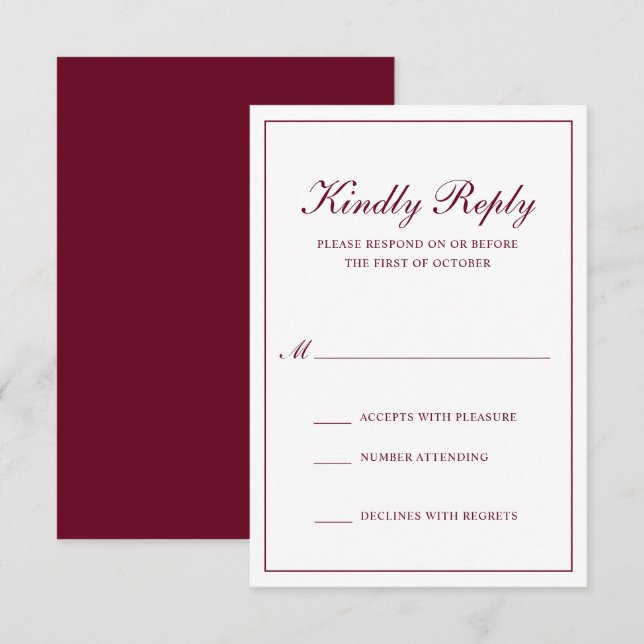 Traditionelle formelle Hochzeit Burgund RSVP Karte (Vorne/Hinten)