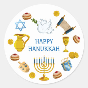 Traditionelle Hanukka-Elemente Taube Davidstern Runder Aufkleber
