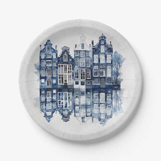 Traditionelle Häuser im Stil von Blau und Weiß Del Pappteller (Vorderseite)