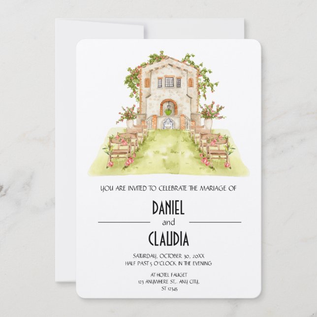 Traditionelle Hochzeit der Wasserfarbenkirche Einladung (Vorderseite)