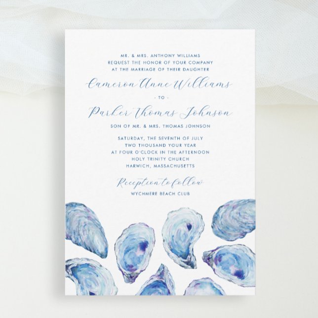Traditionelle Hochzeit mit blauem Austern Einladung (Formal Blue Oyster Watercolor Wedding invitation for an elegant traditional church ceremony)