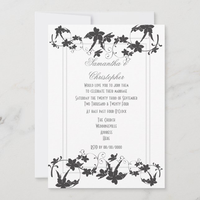 Traditionelle Hochzeit mit Blumen in Schwarz und W Einladung (Vorderseite)