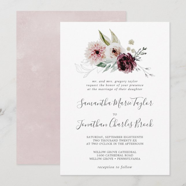 Traditionelle Hochzeit mit floraler Romantik Einladung (Vorne/Hinten)