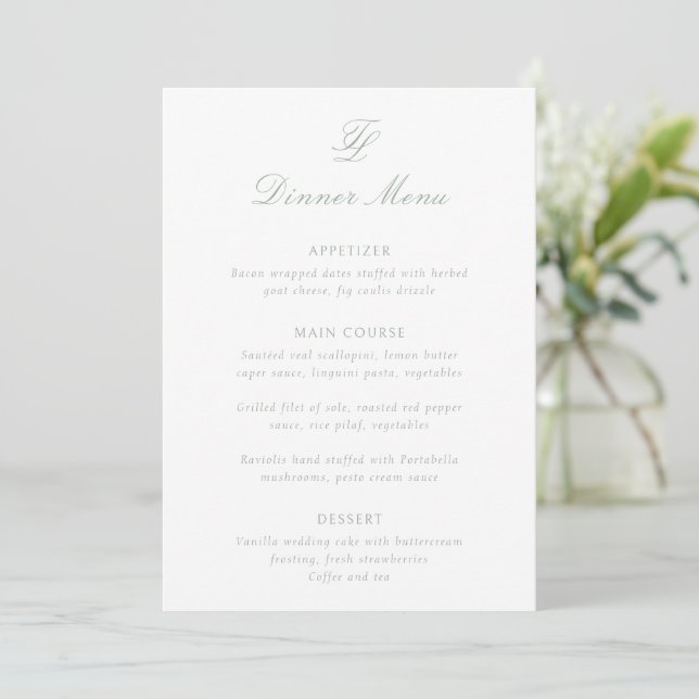 Traditionelle Hochzeit von elegantem Grün Menükarte (Stehend Vorderseite)