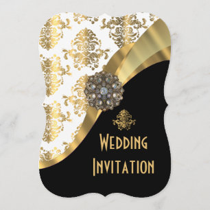 Traditionelle Hochzeit von Schwarz-Gold-Damast Einladung