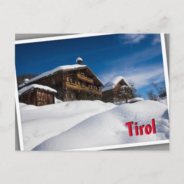 Traditionelle Holzhütten im Schnee in Tirol Postkarte (Vorderseite)