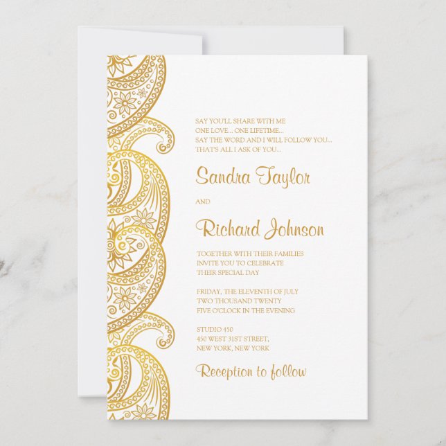Traditionelle indische Hochzeit mit Gold Paisley Einladung (Vorderseite)