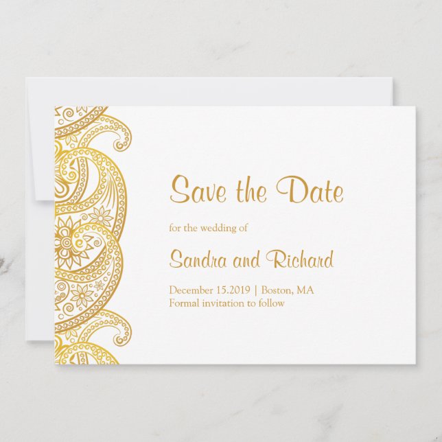 Traditionelle indische Hochzeit mit Gold Paisley Save The Date (Vorderseite)