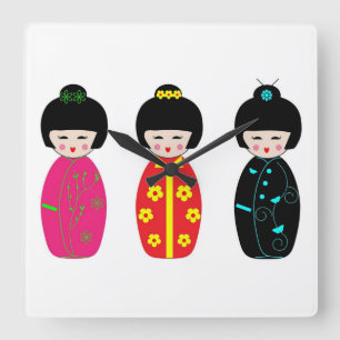 Traditionelle Japaner Kokeshi Geisha-Puppen Quadratische Wanduhr