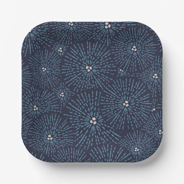 Traditionelle japanische Blumengeometrie blau Pappteller (Vorderseite)