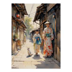 Traditionelle japanische Kimono-Szenen-Straßenkuns Poster