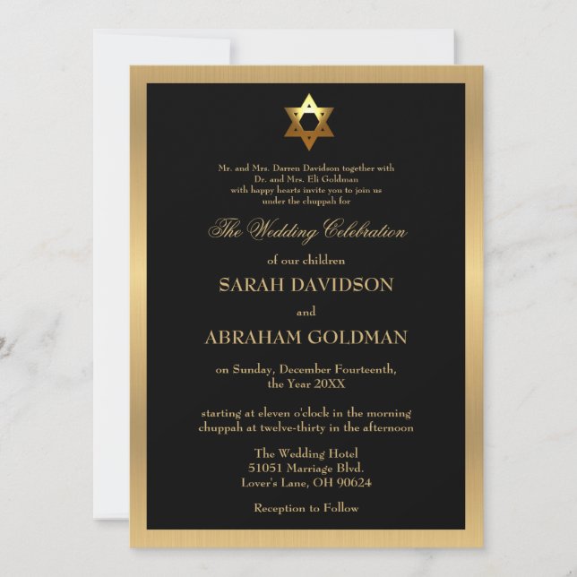 Traditionelle jüdische Hochzeit in Gold Black Einladung (Vorderseite)