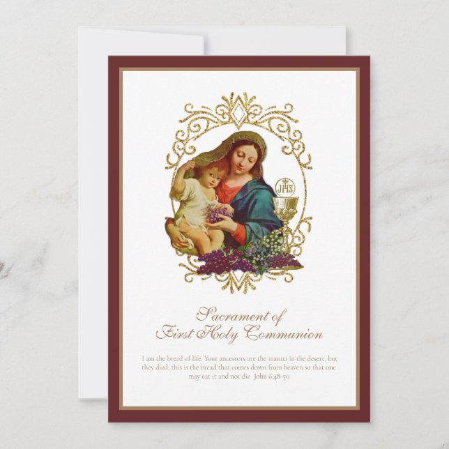 Traditionelle katholische heilige Kommunion Mary J Einladung (Vorderseite)