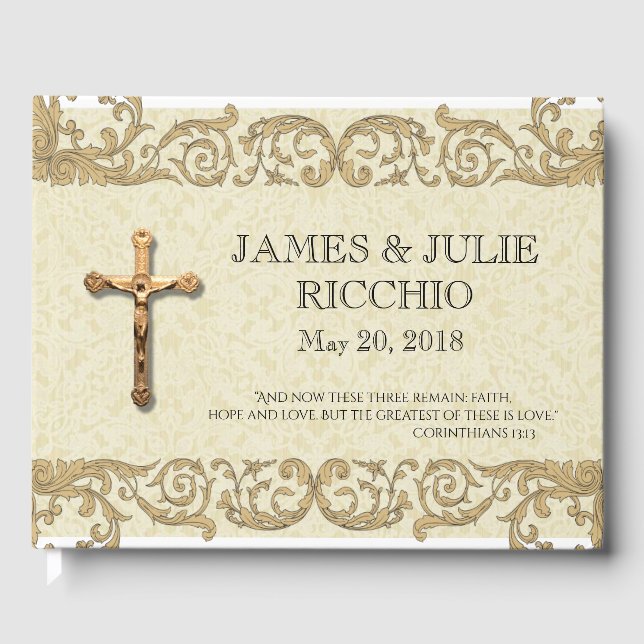 Traditionelle katholische Hochzeit Gold Crucifix L Gästebuch (Vorderseite)