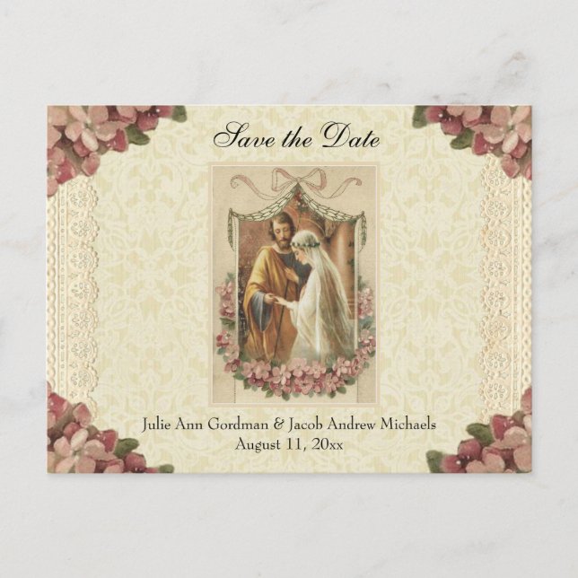 Traditionelle katholische SAVE THE DATE Hochzeit Ankündigungspostkarte (Vorderseite)