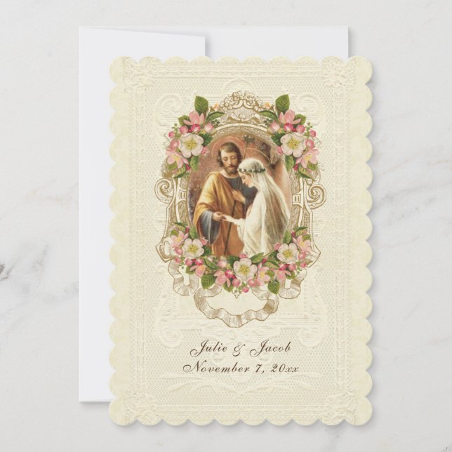 Traditionelle katholische Vintage Spitzen-Kirschbl Einladung (Vorderseite)