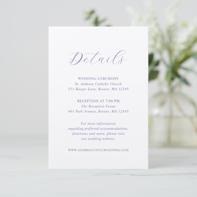 Traditionelle Lilac Elegant Wedding Begleitkarte (Stehend Vorderseite)