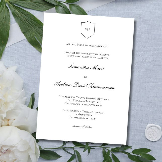 Traditionelle Monografische Klassische feierliche  Einladung (Traditional Monogram Classic Elegant Black White Wedding Invitation)
