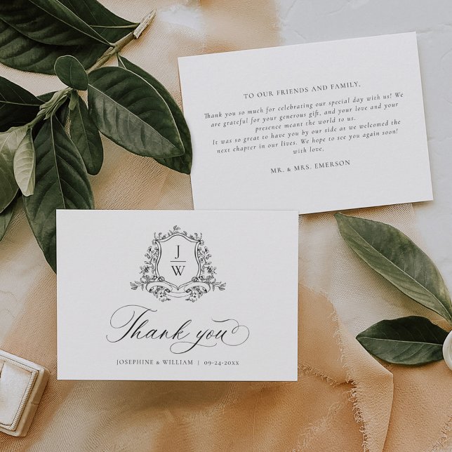 Traditionelle Monogram Wappen Floral Elegant Weddi Dankeskarte (Von Creator hochgeladen)
