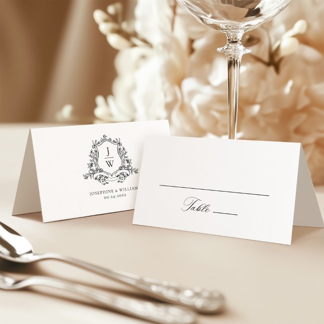 Traditionelle Monogram Wappen Floral Elegant Weddi Platzkarte (Von Creator hochgeladen)