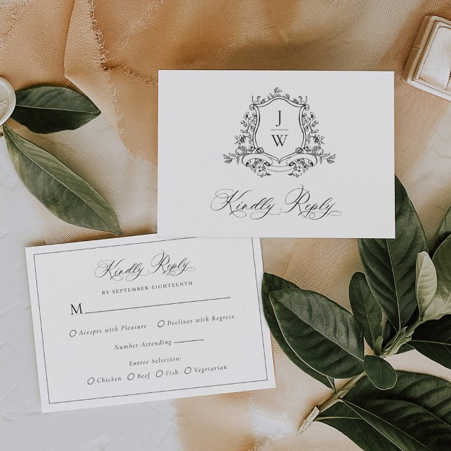 Traditionelle Monogram Wappen Floral Elegant Weddi RSVP Karte (Von Creator hochgeladen)