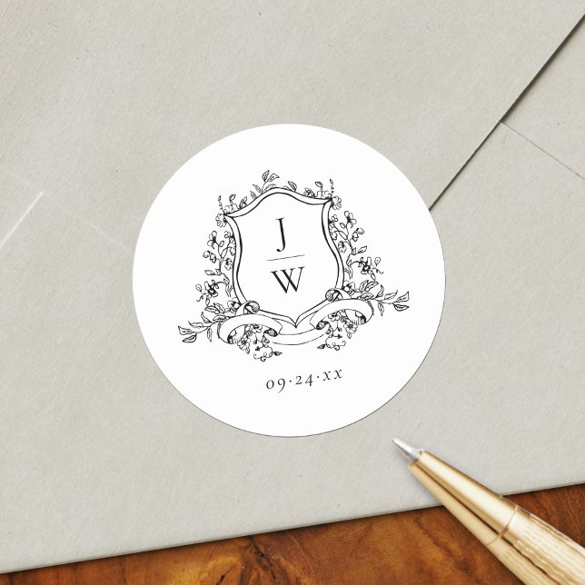 Traditionelle Monogram Wappen Floral Elegant Weddi Runder Aufkleber (Von Creator hochgeladen)