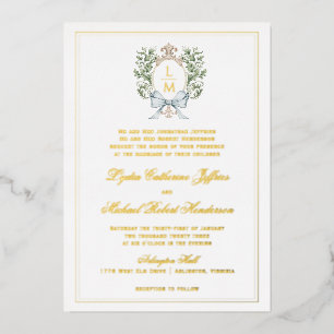 Traditionelle Monogramm-Einladung mit Blattkranz u Folieneinladung