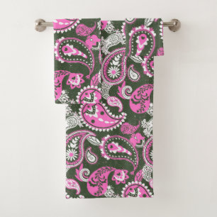 Traditionelle Paisley Linocut Warm Pink Deep Green Badhandtuch Set