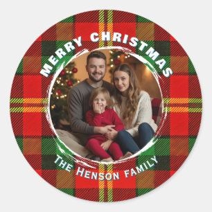 Traditionelle personalisierte Familienfoto-Plaid Runder Aufkleber